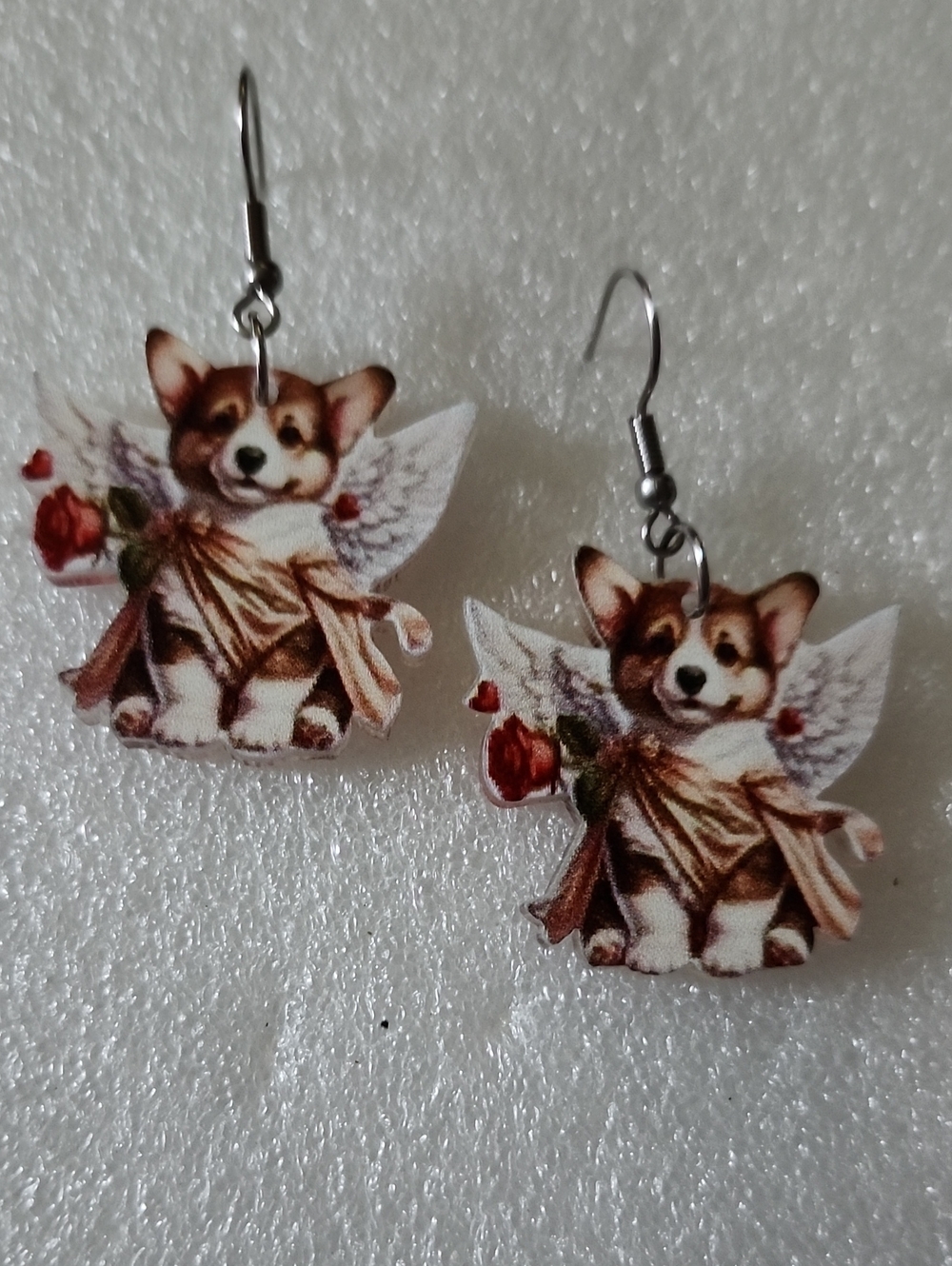 Hand Crafted Brown and White Corgi Angel Earrings